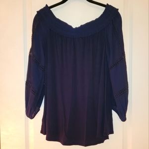 Small, Navy Blue, Loft Top, Off Shoulder/sheer sleeve/ embroidery
